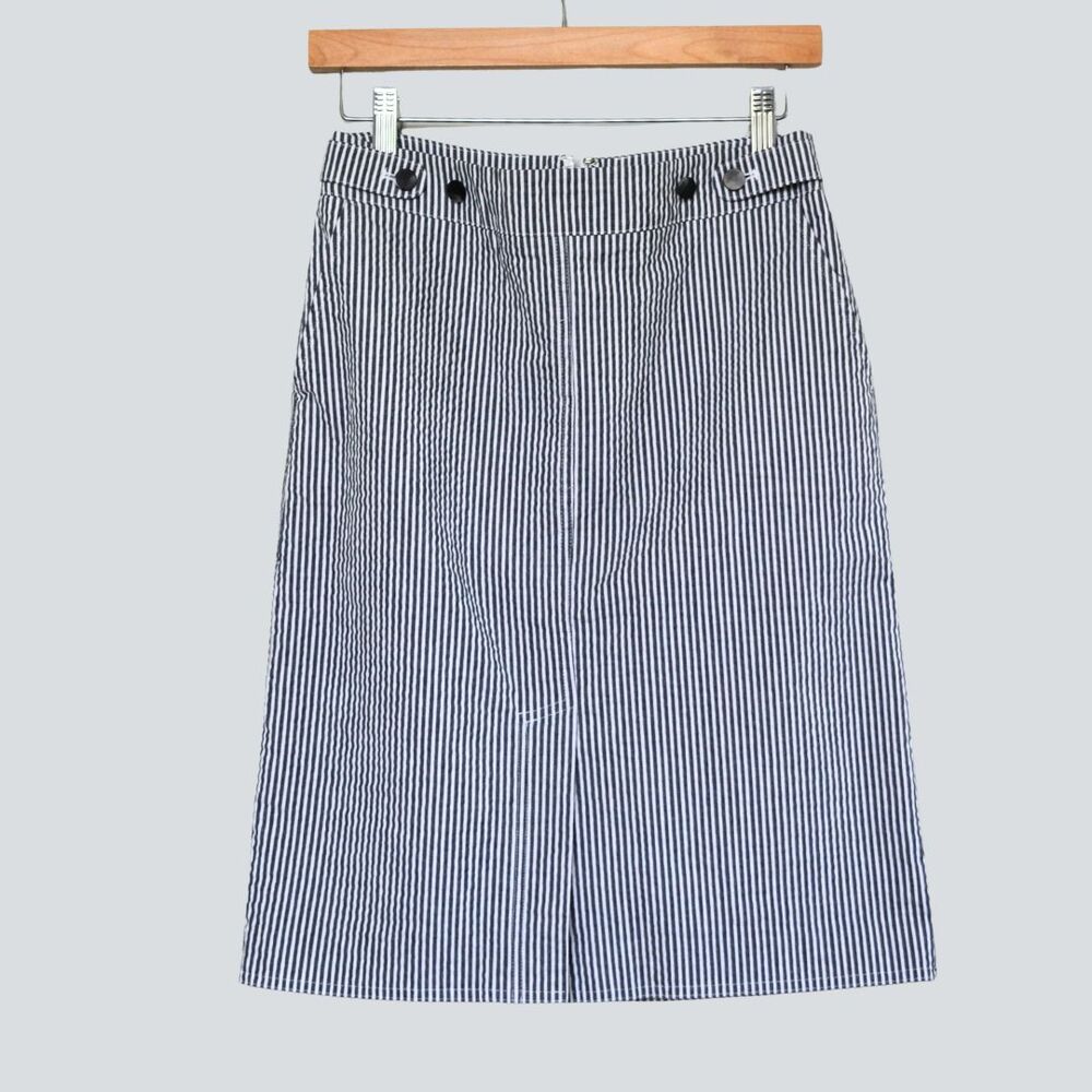 ANN TAYLOR Pencil Skirt Blue White Pinstripe Seersucker Button Accent Size 4P